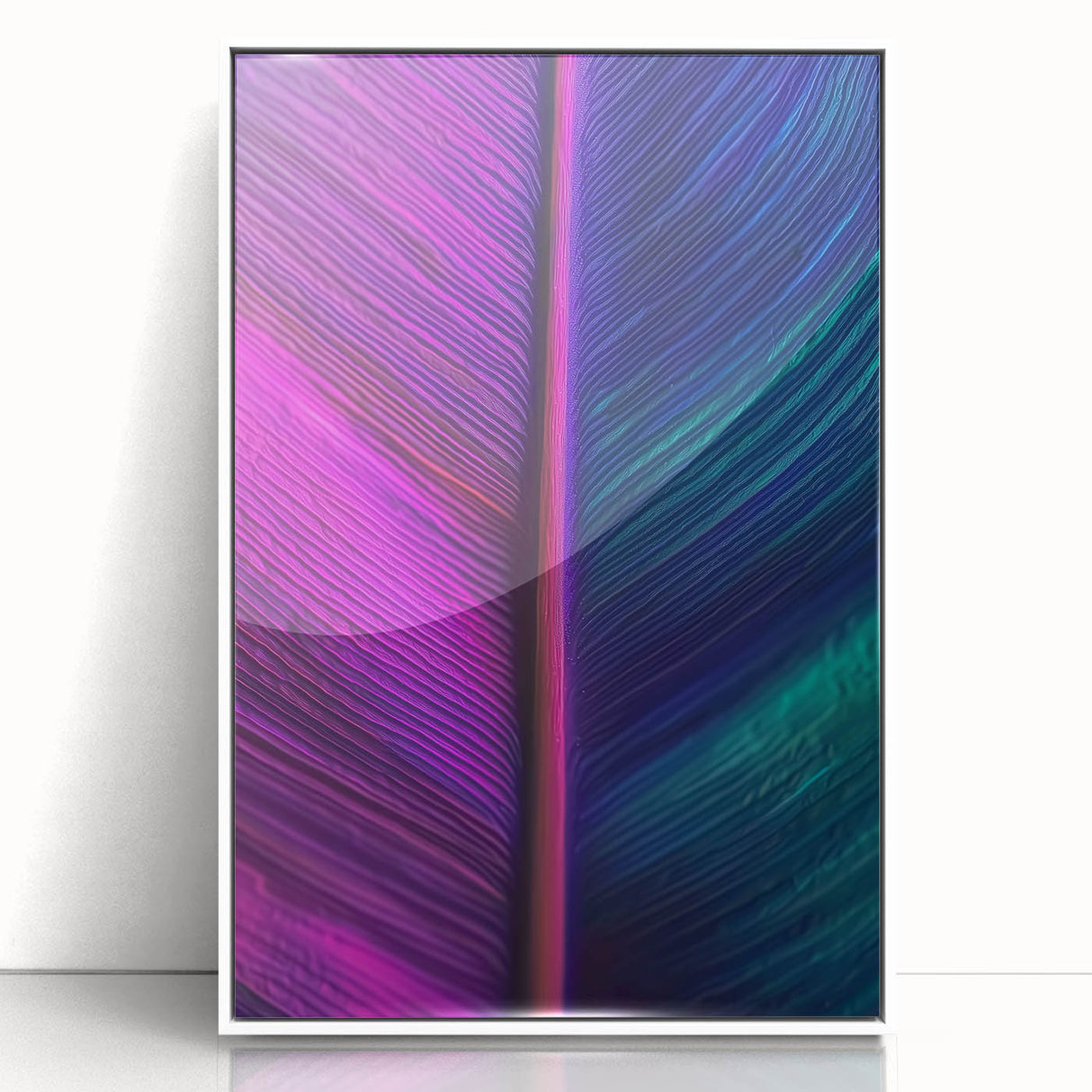 Art deco poster of nature elements in soft pastel colors, framed in white acrylic, suitable for nursery wall art.