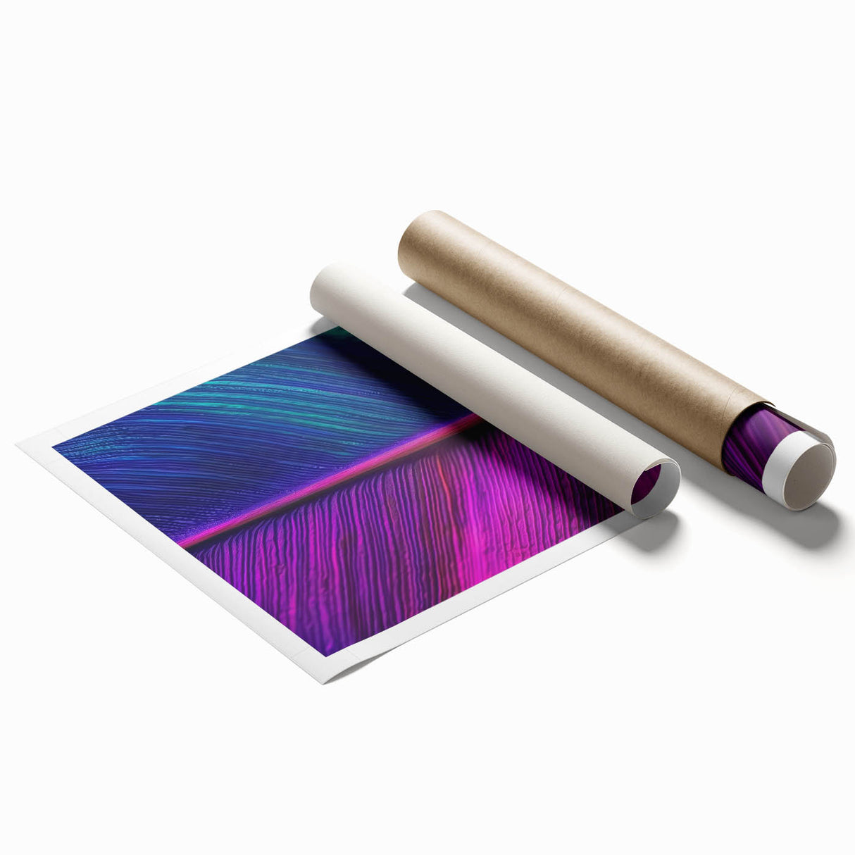 Close-up floral art on rolled print with soft purple and green hues, ideal for classy bathroom wall art.