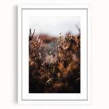Abstract art print featuring warm autumnal hues in a white framed mat, ideal for dining room decor.