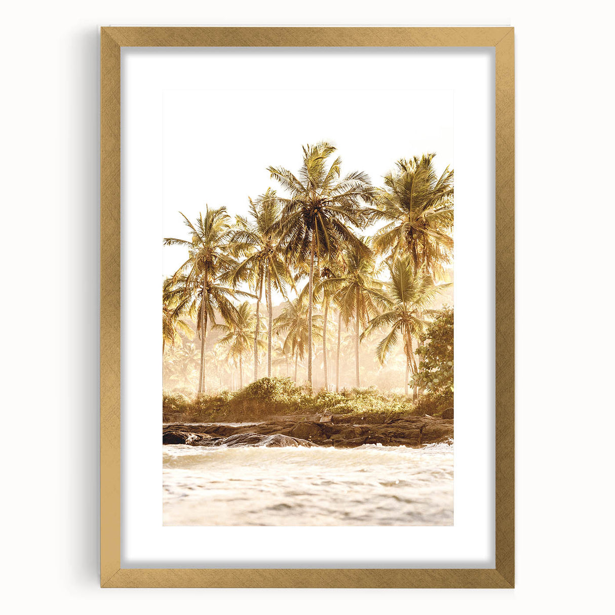 Extra large abstract art print with textured design in warm sunset colors, framed in gold, ideal for living room decor.