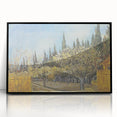 Large abstract wall art on acrylic, featuring swirling blue and yellow patterns, in a black frame.