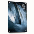 Acrylic glass artwork depicting a stunning landscape with intricate cave formations, displayed from a side view and secured with decorative pins. Ideal for modern decor.