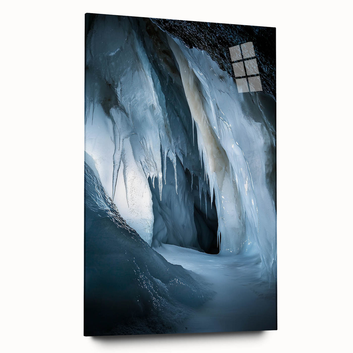 Acrylic glass artwork depicting a stunning cave landscape in vibrant colors, showcasing intricate details and textures, ideal for modern home decor.