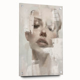 Abstract figurative wall art design displayed in acrylic glass, showcasing vibrant colors and dynamic shapes, enhanced with decorative pins for a modern aesthetic.