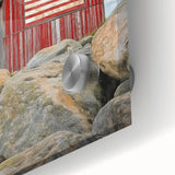 Close-up of a vibrant landscape acrylic glass artwork depicting a rustic barn scene, showcasing rich colors and detailed textures, perfect for home decor.