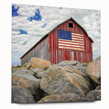 Acrylic glass artwork depicting a landscape barn scene, showcasing vibrant colors and intricate details, secured with pins for display. Ideal for rustic home decor enthusiasts.