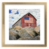 Elegant barn frame showcasing a landscape artwork with a gold mat, perfect for enhancing home decor. The frame's intricate design complements the vibrant scene, creating a sophisticated aesthetic.