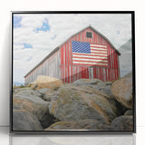 Framed acrylic artwork showcasing a scenic barn landscape with vibrant colors and intricate details, perfect for rustic home decor or art enthusiasts.