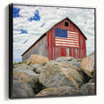 Black-framed landscape canvas featuring a serene barn scene, showcasing rich colors and detailed textures, perfect for rustic home decor or farmhouse aesthetics.