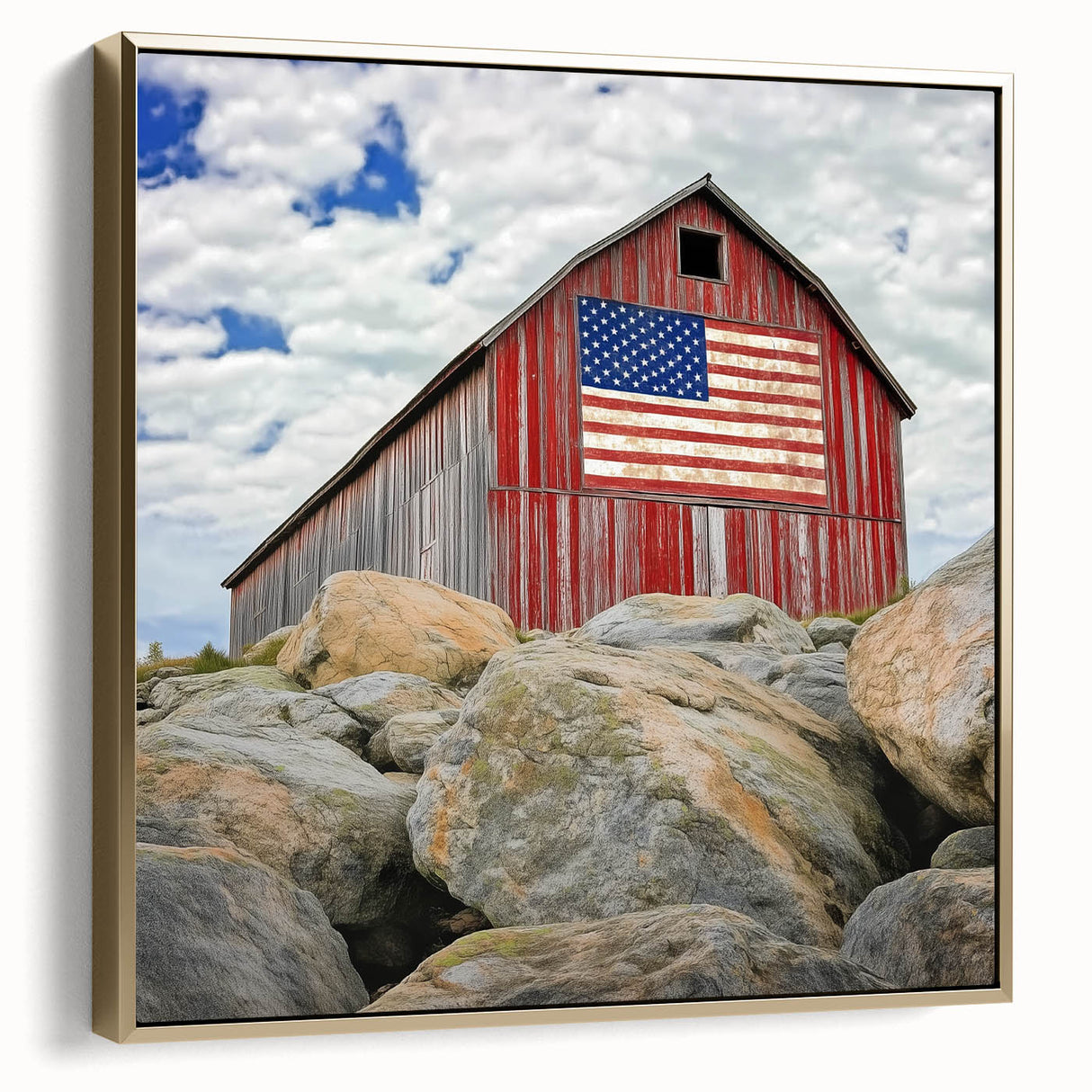 Landscape barn art print with silver and gold framing, showcasing a rustic scene. Ideal for home decor, enhancing living spaces with elegance and charm.