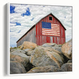 Landscape barn framed canvas showcasing a rustic white barn scene with vibrant green fields and a clear blue sky, perfect for farmhouse decor.