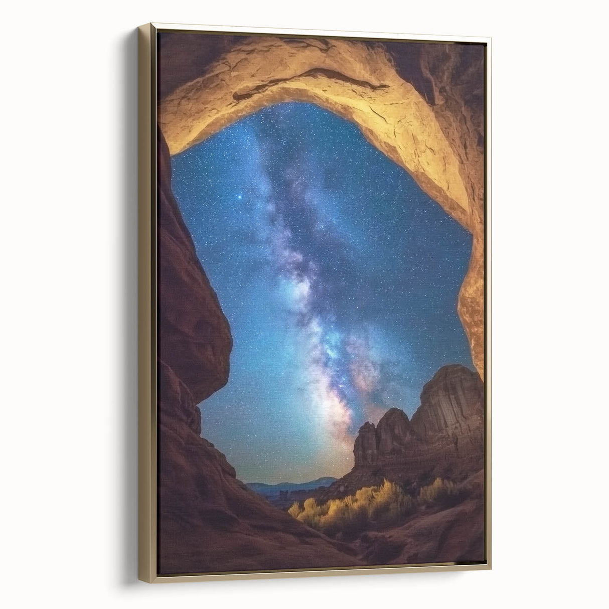 Framed landscape canvas featuring a stunning view of canyons with a gold frame, highlighting rich earthy tones and intricate rock formations, perfect for home decor.
