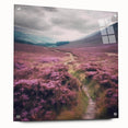 Acrylic glass landscape wall art showcasing a serene countryside scene with vibrant greens and blues, elegantly displayed with pins for a modern touch.