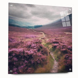 Acrylic glass landscape wall art showcasing a serene countryside scene with vibrant greens and blues, elegantly displayed with pins for a modern touch.