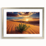 Framed desert landscape artwork with silver matting, showcasing vibrant hues of orange and blue, perfect for modern home decor and enhancing interior aesthetics.