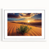 Desert landscape framed wall art featuring vibrant earth tones and a white mat, ideal for home decor or office spaces, showcasing serene desert scenery.