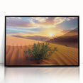 Framed acrylic wall art showcasing a vibrant desert landscape with warm tones of orange and red, set in a sleek black frame, perfect for modern home decor.