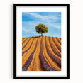 Black-framed landscape artwork featuring vibrant green fields and a serene sky, designed with a mat for an elegant presentation, perfect for home decor.