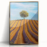 Framed acrylic artwork showcasing a vibrant landscape of golden fields under a blue sky, designed to enhance living spaces with nature-inspired decor.