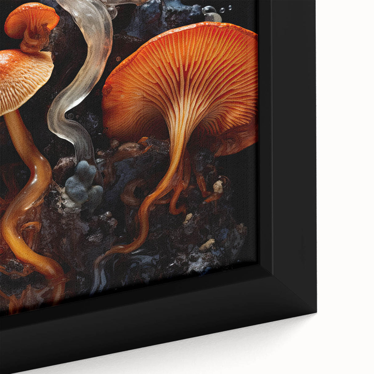 Extra large black wall art on canvas featuring textured, colorful abstract elements, ideal for living room decor.