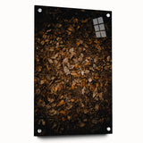 Large abstract wall art on acrylic glass depicting fall colors, ideal for bedroom or dining room decor.