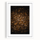 Abstract art print depicting autumnal trees in orange and red tones, framed in white, ideal for dining room decor.