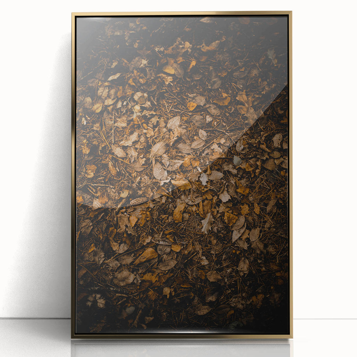 Large art print featuring a mid-century modernist autumn scene in gold and orange tones, acrylic framed.