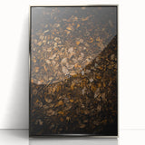Mid-century modernist art depicting autumn trees in orange and brown tones on a silver-framed acrylic print.