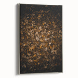 Framed canvas depicting a vintage landscape art painting with colorful autumn trees against a black background.