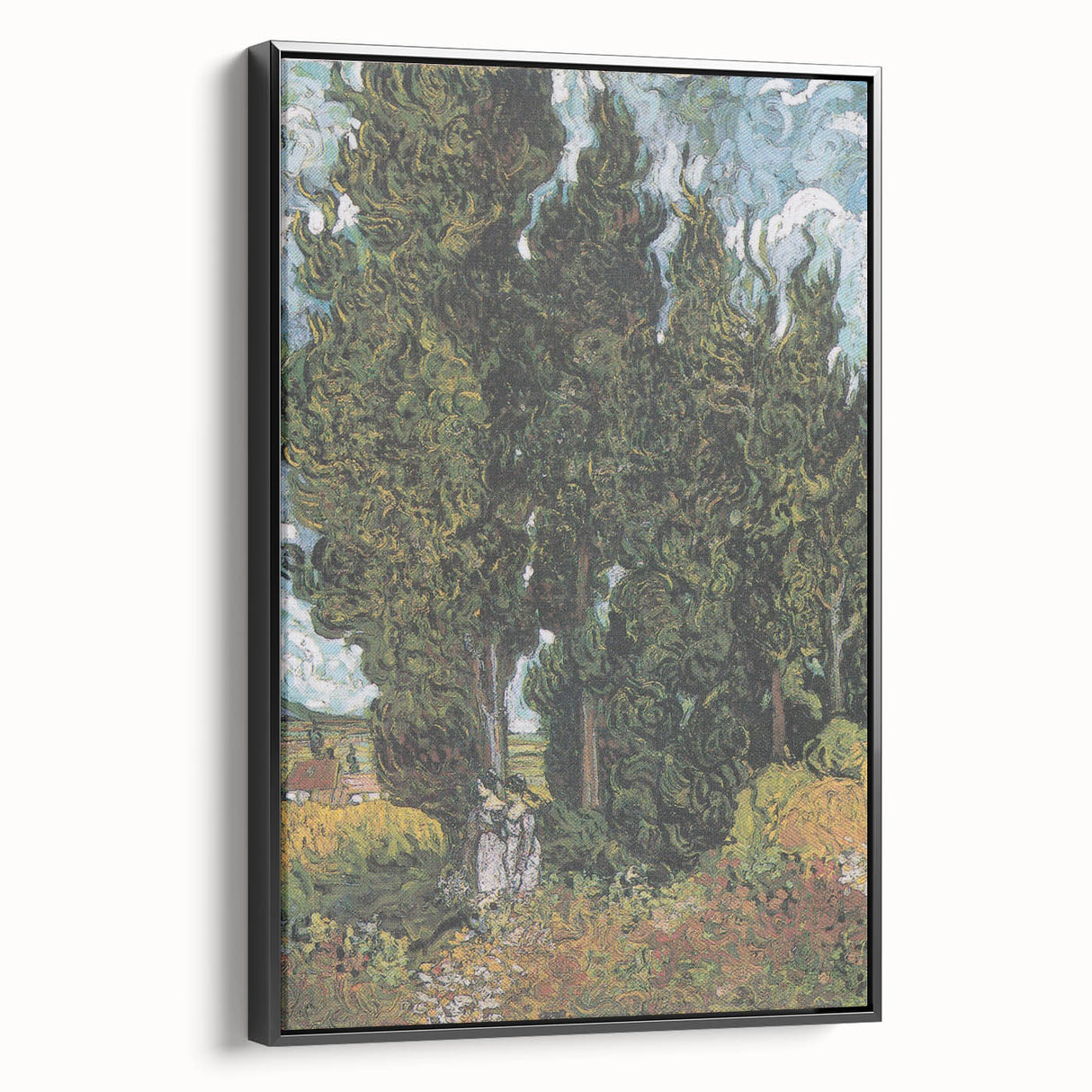 Black and white landscape painting on framed canvas depicting a serene rural scene, ideal for bedroom wall decor.