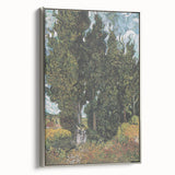 Side view of a framed canvas depicting a Van Gogh-inspired landscape painting with vibrant colors.