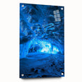 Acrylic glass display of a landscape artwork featuring caves, showcasing vibrant colors and intricate details, secured with stylish pins for an elegant presentation.