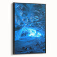 Framed canvas artwork depicting a stunning landscape with intricate cave designs, showcased in a sleek black frame, perfect for modern home decor.