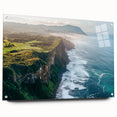 Acrylic landscape art piece showcasing vibrant cliffs in a side view, mounted with pins on a transparent glass surface, ideal for modern home decor.