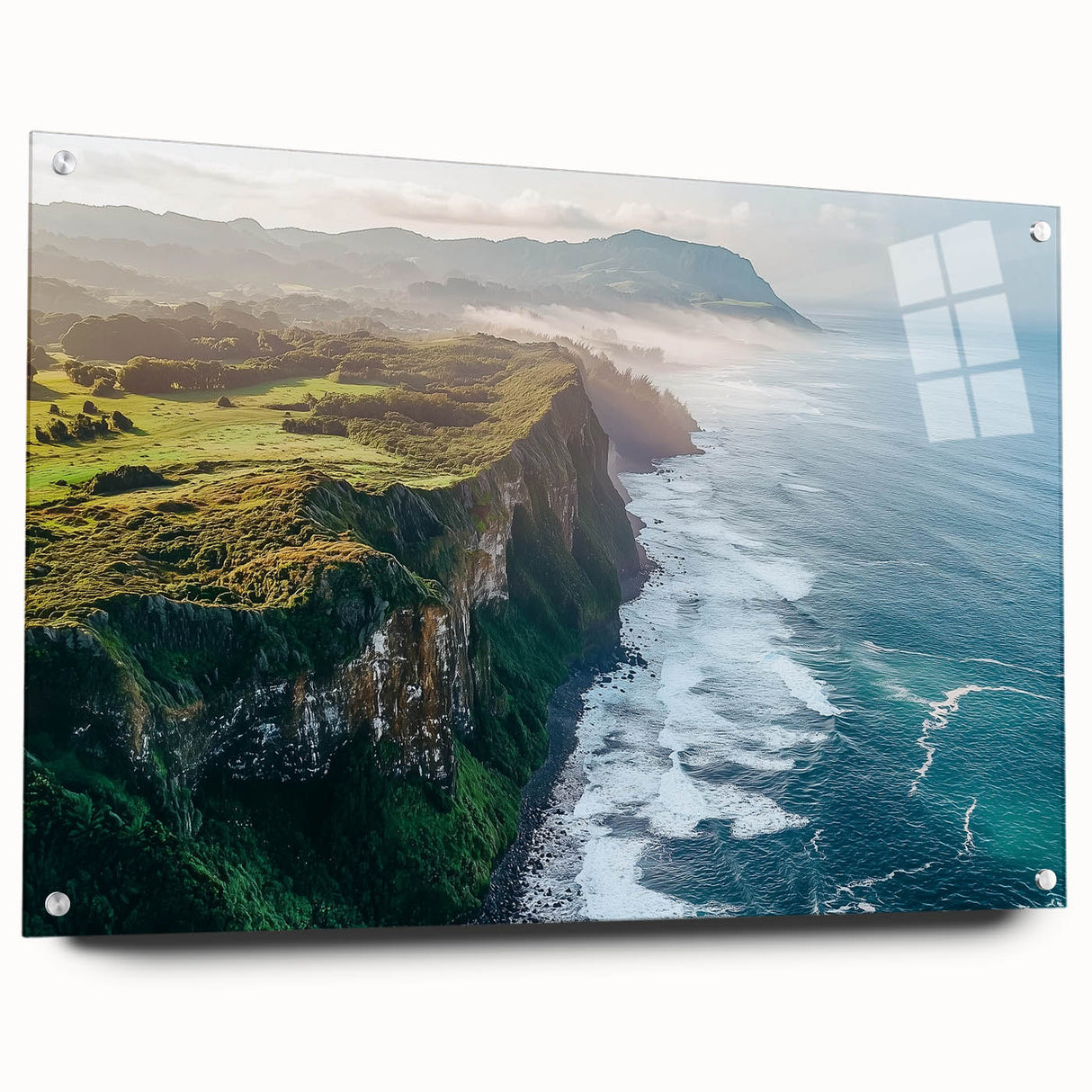 Acrylic landscape art piece showcasing vibrant cliffs in a side view, mounted with pins on a transparent glass surface, ideal for modern home decor.