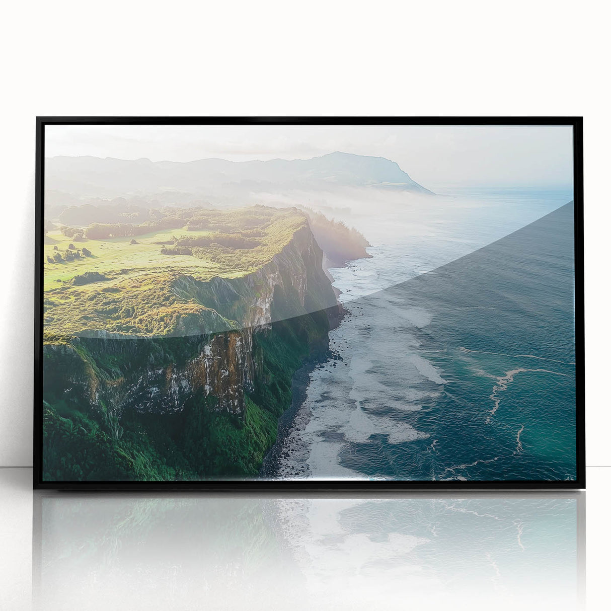 Framed acrylic artwork depicting a breathtaking cliff landscape, showcasing rich colors and intricate details, perfect for modern home decor.