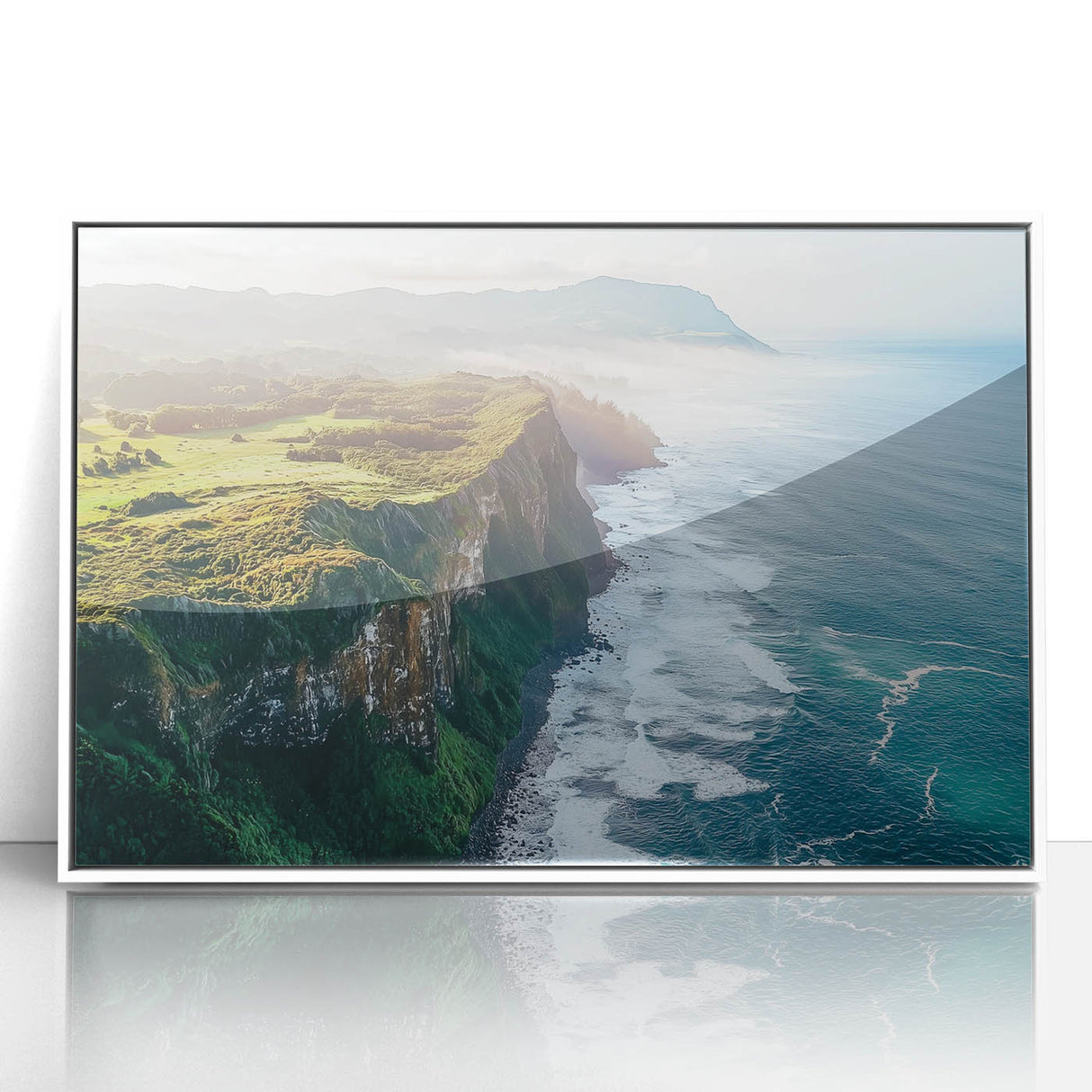 Framed acrylic artwork depicting a stunning landscape of cliffs against a vibrant blue sky, showcasing natural beauty with intricate details. Ideal for home decor enthusiasts.