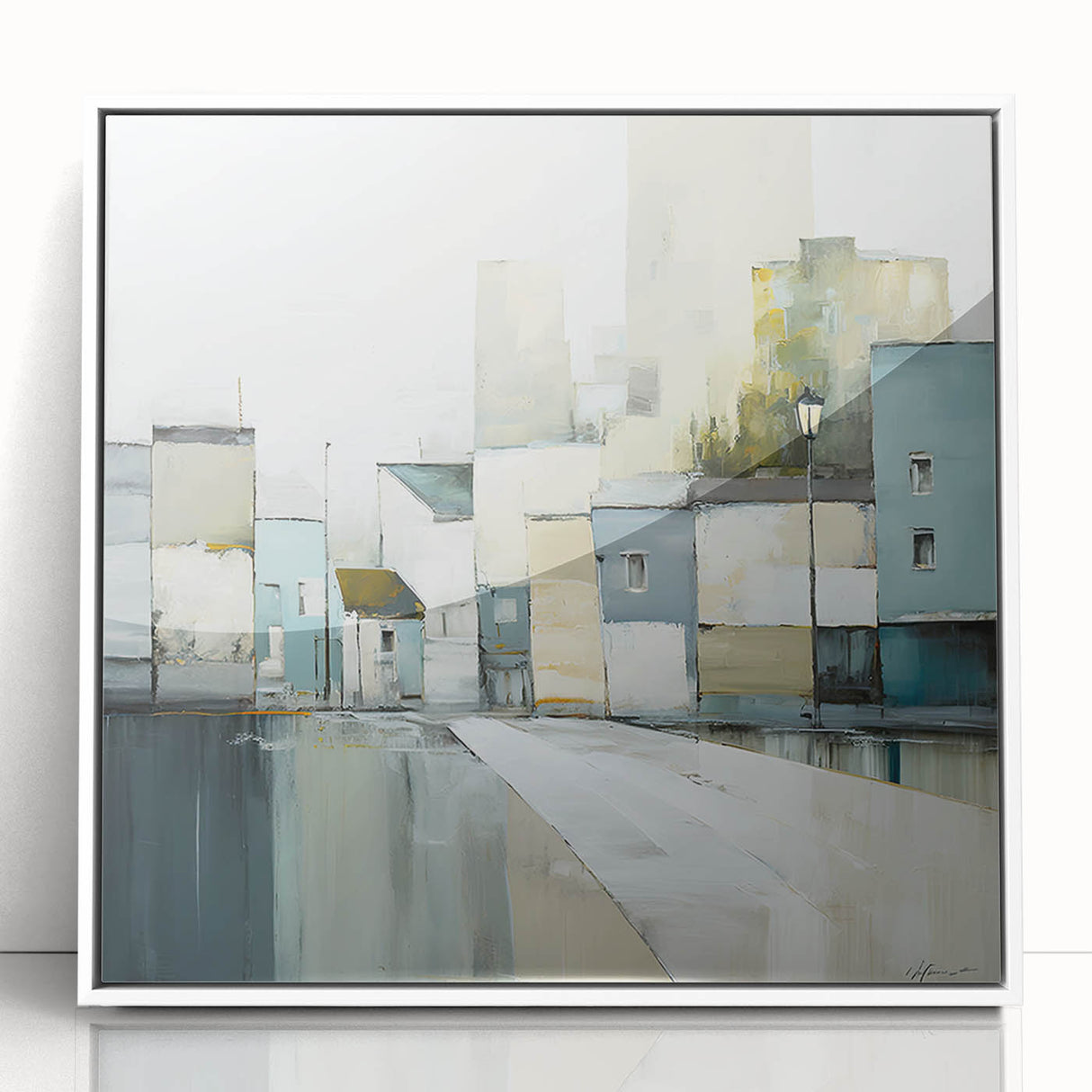 Framed abstract architecture wall art in white acrylic, showcasing geometric shapes and lines, perfect for modern home decor. Ideal for enhancing contemporary interiors.