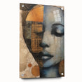 Abstract figurative wall art displayed in a sleek acrylic glass frame, showcasing vibrant colors and dynamic shapes, ideal for modern decor. Pins secure the art, enhancing its contemporary appeal.