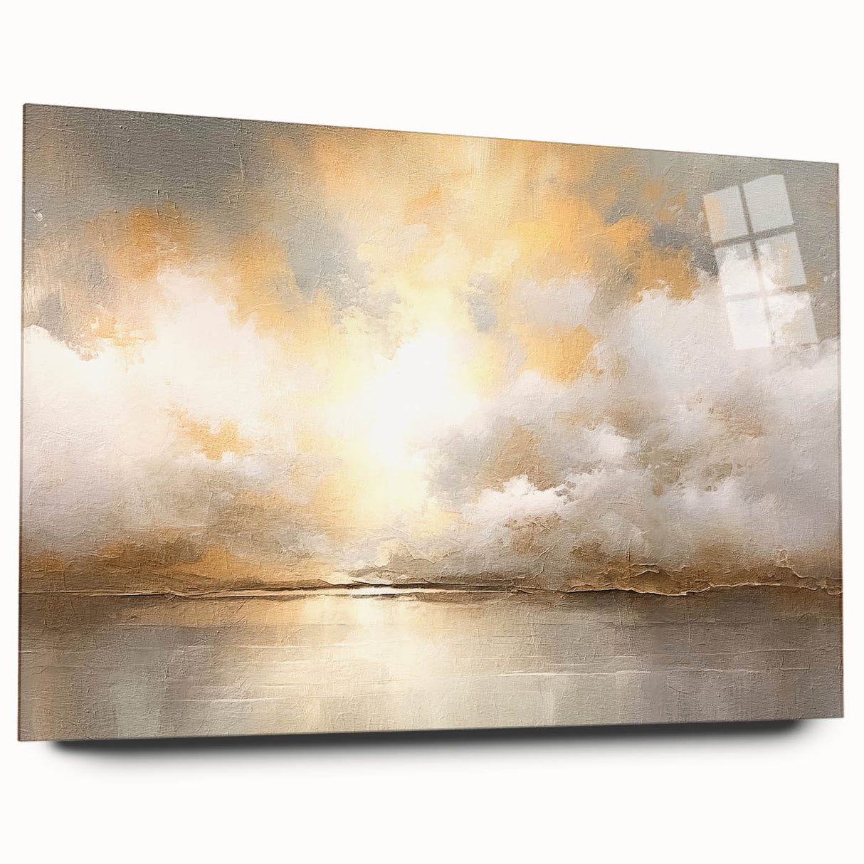 Abstract landscape wall art displayed in a sleek acrylic frame, showcasing vibrant colors and fluid shapes, perfect for modern home decor. The artwork's side view emphasizes its glossy finish and contemporary aesthetic, making it an eye-catching addition to any space.