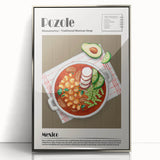 Mid-century modernist art depicting various food dishes in muted colors on a framed acrylic print.