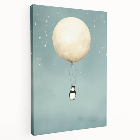 Canvas Art for Kids – Dreamy Penguin Floating with Moon Balloon