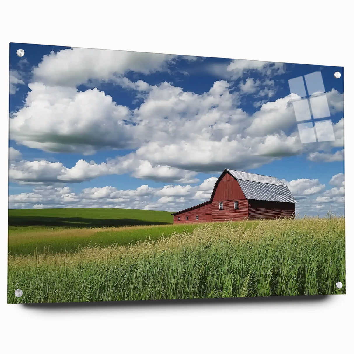 Side view of a landscape acrylic glass display featuring a rustic barn design, showcasing vibrant colors and detailed textures, ideal for farmhouse decor.