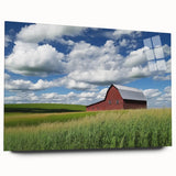 Acrylic glass side view of a modern landscape barn design, showcasing vibrant colors and intricate details, perfect for home decor or art enthusiasts.