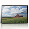 Acrylic landscape artwork featuring a barn scene framed in black, showcasing vibrant colors and intricate details, perfect for enhancing home decor.