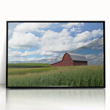 Acrylic landscape artwork featuring a barn scene framed in black, showcasing vibrant colors and intricate details, perfect for enhancing home decor.