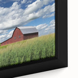 Close-up of a textured landscape barn art print on canvas, showcasing warm earthy tones and intricate details, ideal for rustic home decor. Perfect for enhancing living spaces with a pastoral aesthetic.