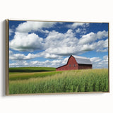 Landscape canvas featuring a barn design with a gold frame, showcasing rustic charm and artistic detail, ideal for home decor and rustic-themed interiors.