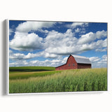 Landscape barn-themed canvas print showcasing a rustic white frame, side view highlights the textured artwork, perfect for farmhouse decor enthusiasts.