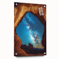 Acrylic landscape artwork depicting vibrant canyons in rich hues, showcased from a side view with decorative pins, ideal for modern home decor or art displays.